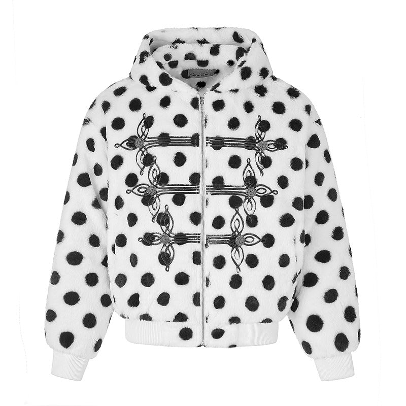 Women’s bomber-style hooded fleece jacket with polka dots and decorative frog button details Mune Fashion