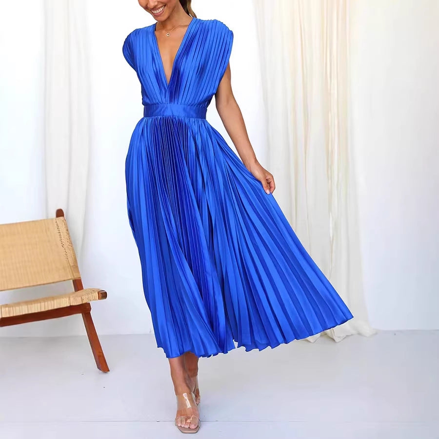 Women's Pleated Midi Dress with Deep V-Neck and Waist Belt Drune