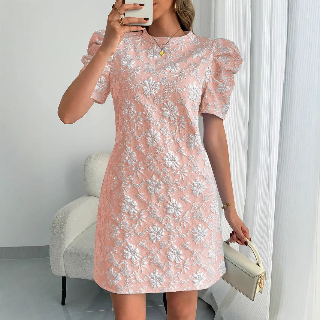Women's floral jacquard mini dress with layered puff sleeves Mune Fashion