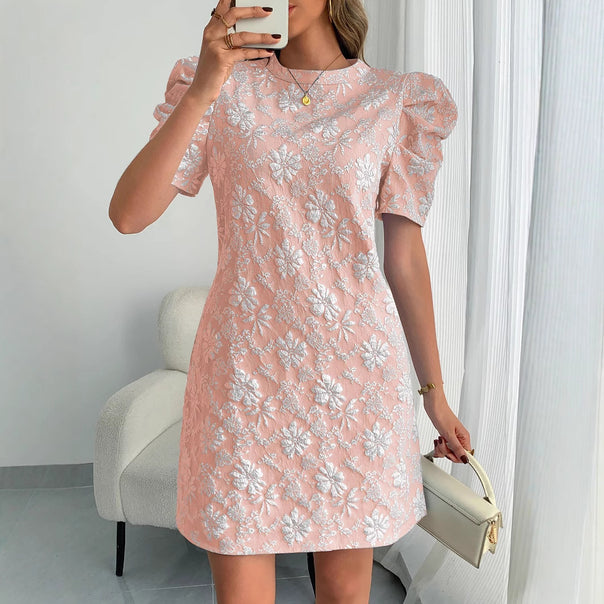 Women's floral jacquard mini dress with layered puff sleeves Mune Fashion