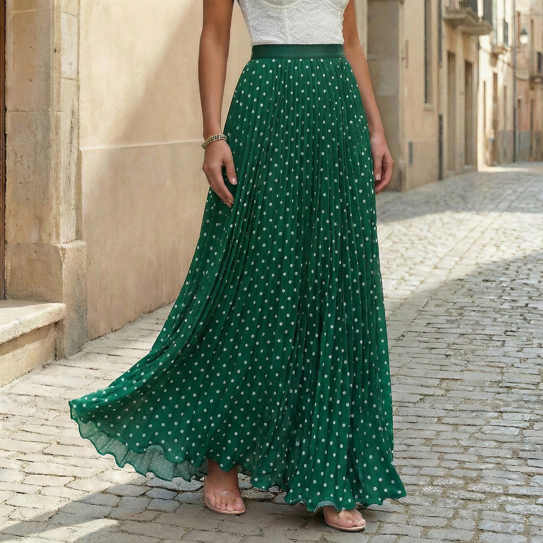Women's pleated maxi skirt with polka dots, elastic waistband and voluminous drape Mune Fashion