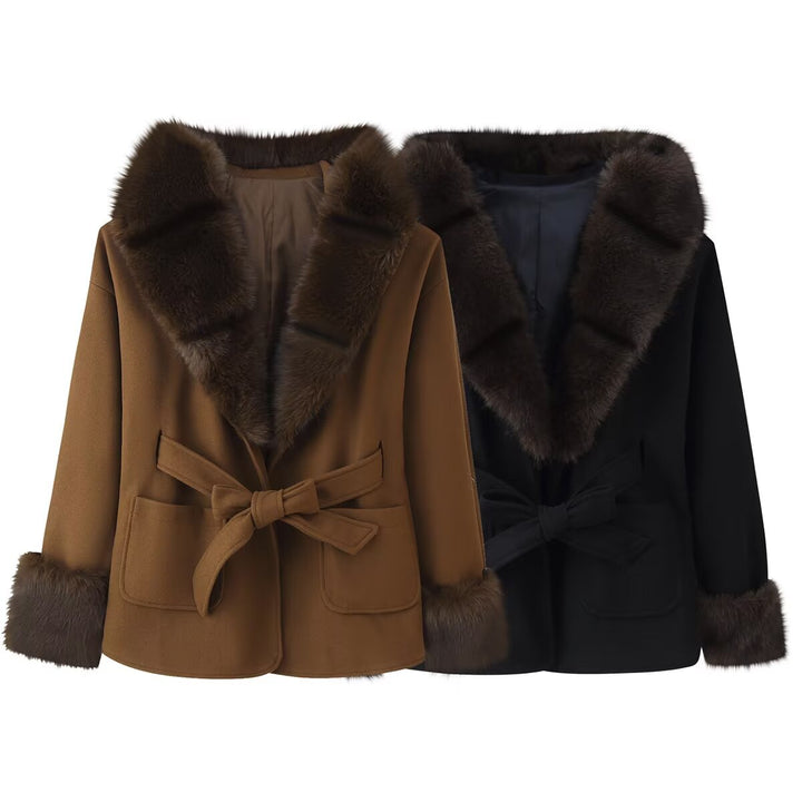 Women's Short Wool Blend Coat with Faux Fur Collar, Waist Belt and Patch Pockets Mune Fashion