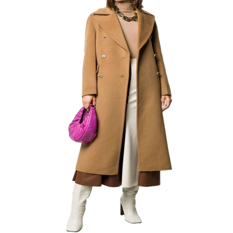 Women's Floor-Length Double-Breasted Wool Blend Long Coat with Subtle Walking Slit and Wide Shawl Collar Mune Fashion