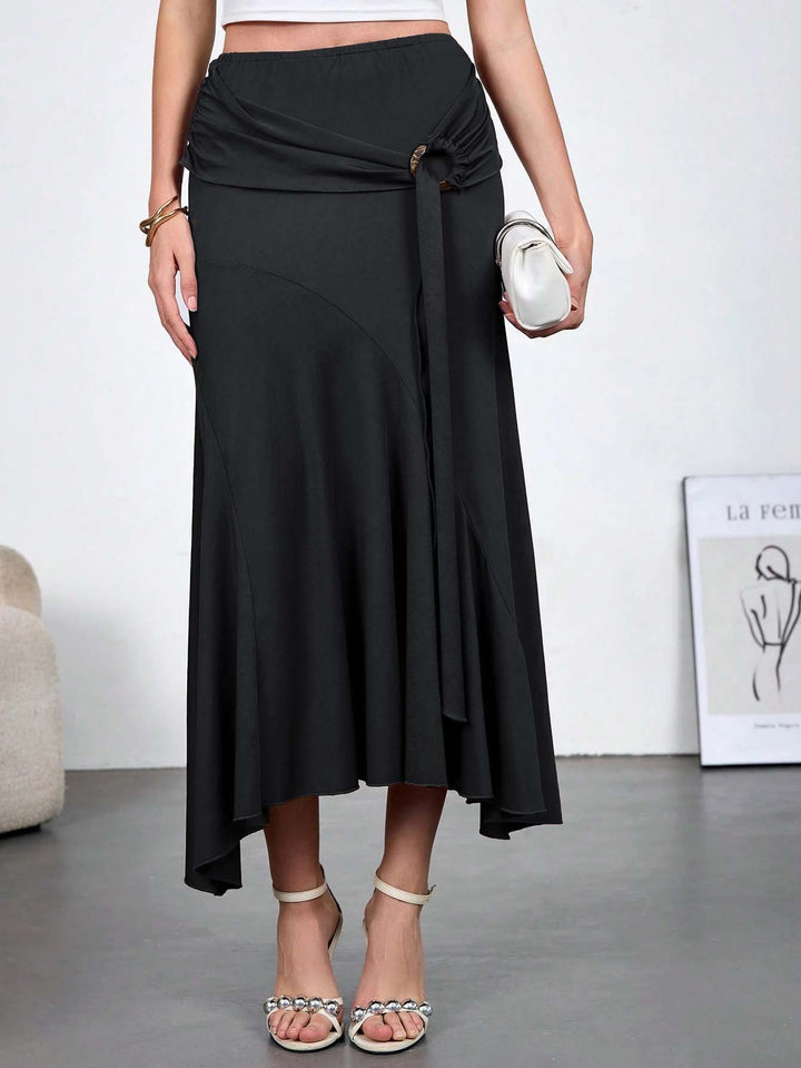 Women's flowing wrap tiered skirt with asymmetric hem and tying ring Mune Fashion