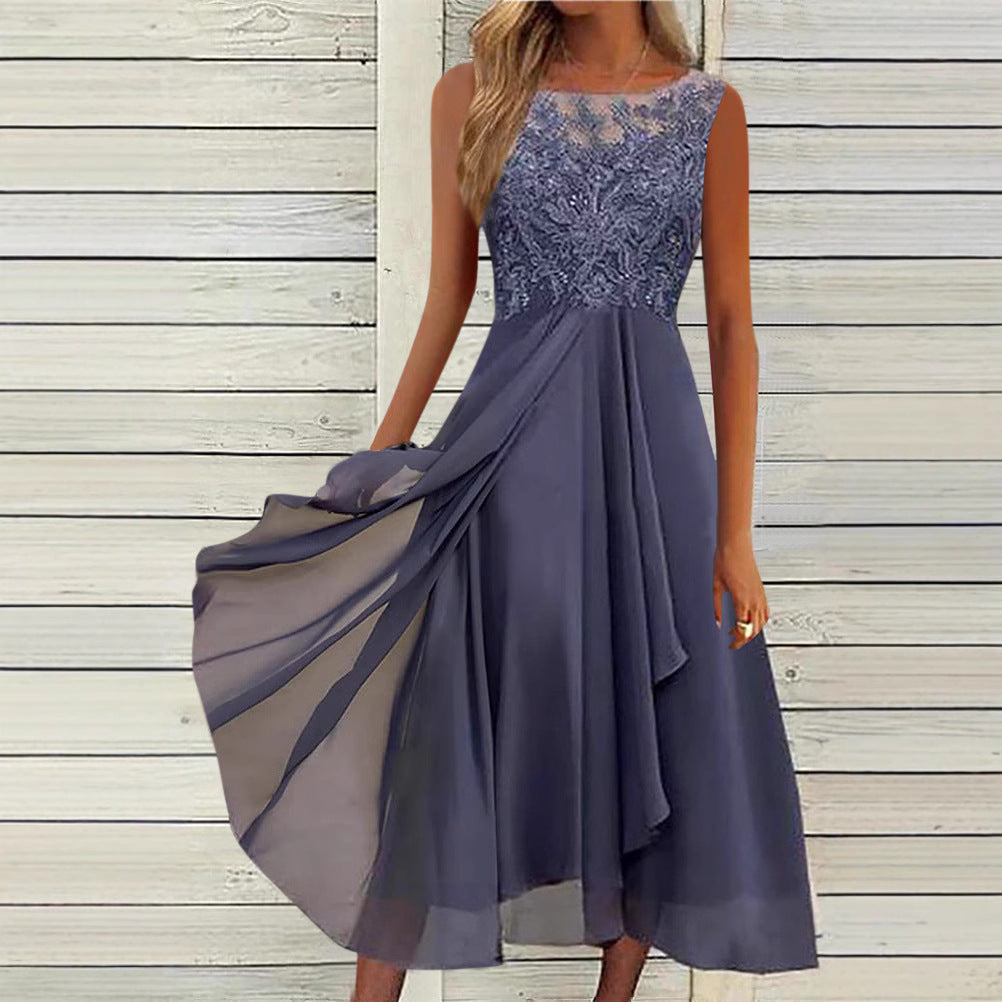Women's sleeveless chiffon midi dress with embroidered illusion lace, boat neckline, and multilayer flared skirt Mune Fashion