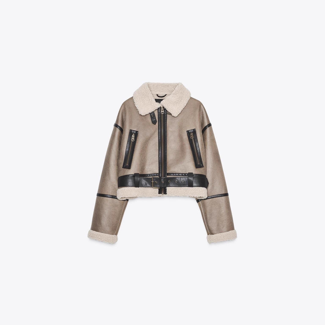 Women's Cropped Lambskin Look Blouson with Teddy Collar and Waist Belt Mune Fashion