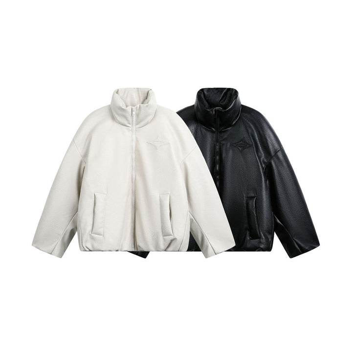 Women's Oversized Faux Leather Bomber Jacket with High Stand-Up Collar Mune Fashion