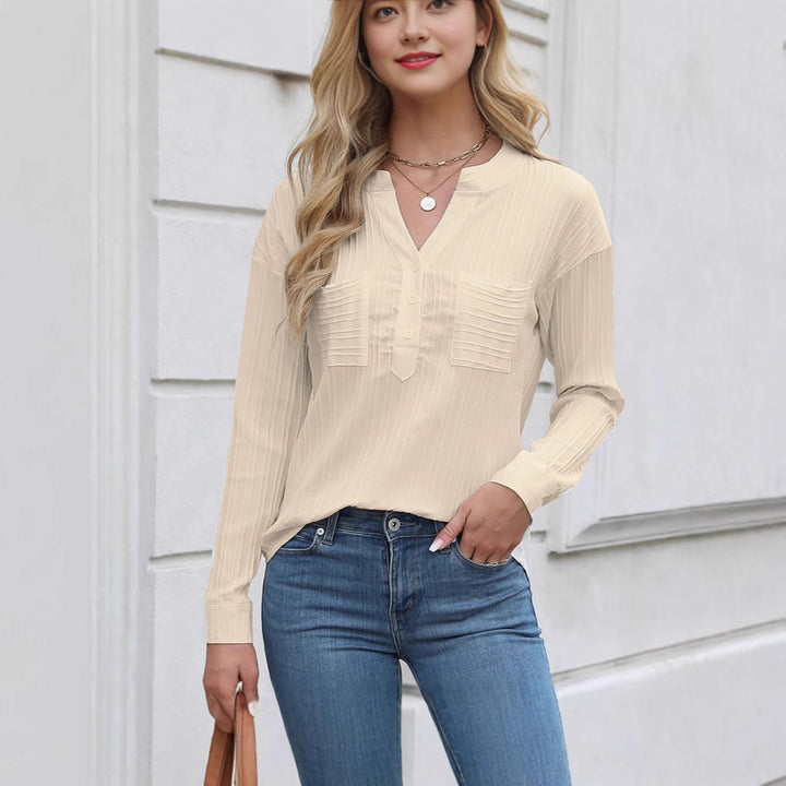 Ladies nan ribbed long sleeve blouse with V-neck, concealed button placket and patch chest pockets Mune Fashion