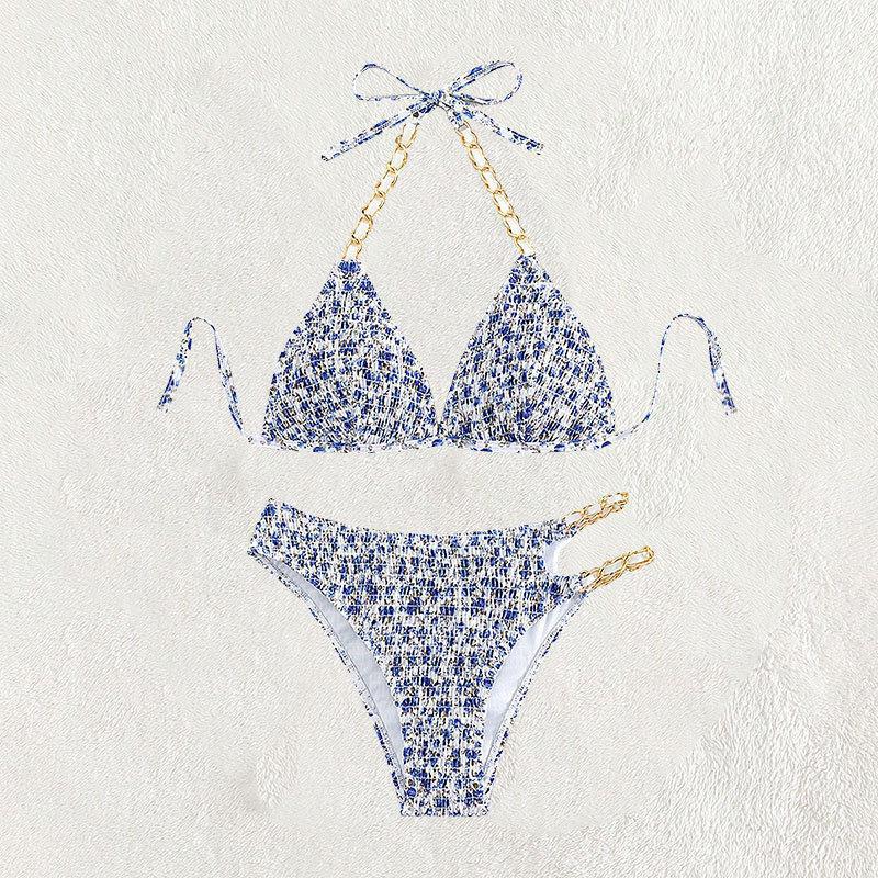 Women’s triangle bikini with golden chain details and playful floral pattern Mune Fashion
