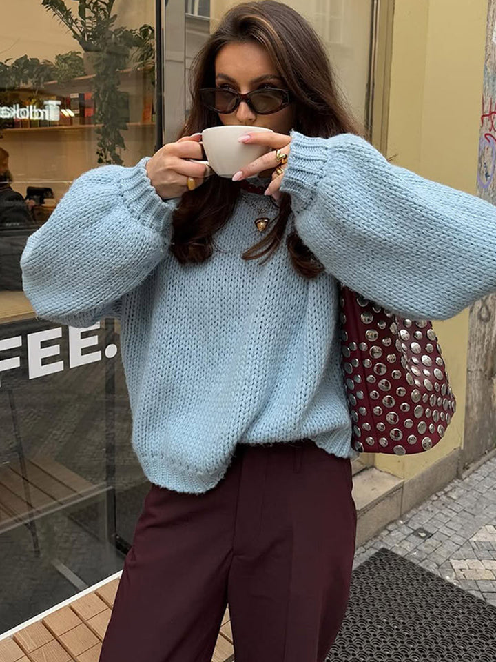 Women Oversize Chunky Knit Sweater with Balloon Sleeves and Wide Ribbed Collar Mune Fashion