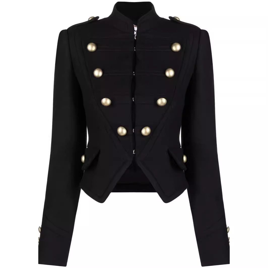 Ladies Tailored Short Military Blazer with Decorative Buttons and Stand-Up Collar Mune Fashion