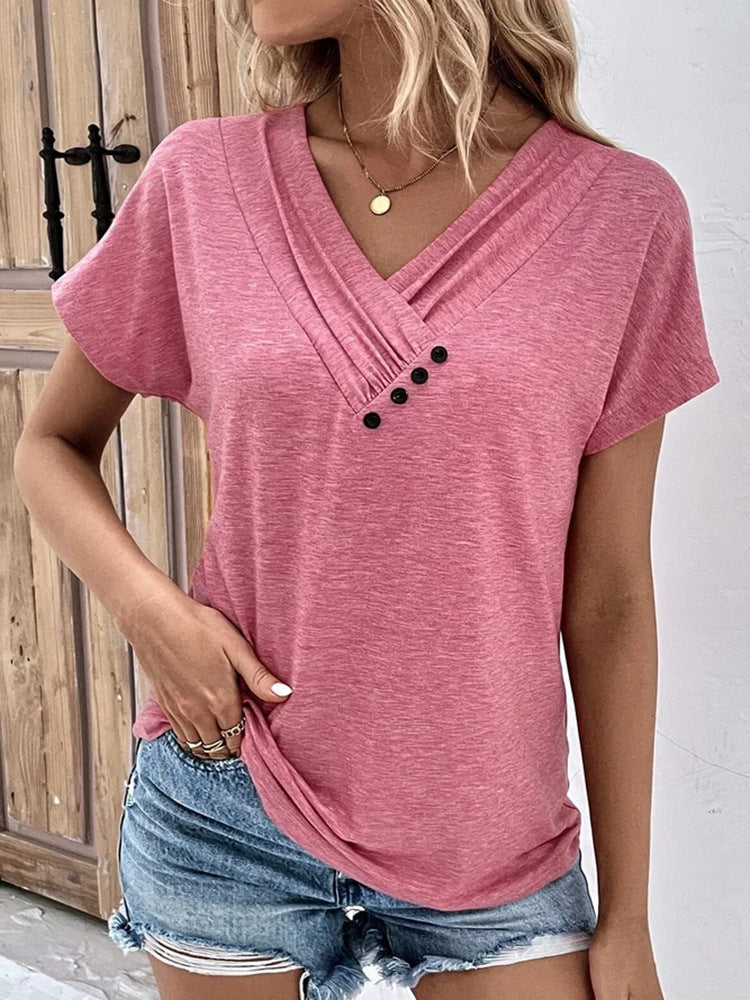 Women's Playful V-Neck T-Shirt with Refined Button Details Mune Fashion