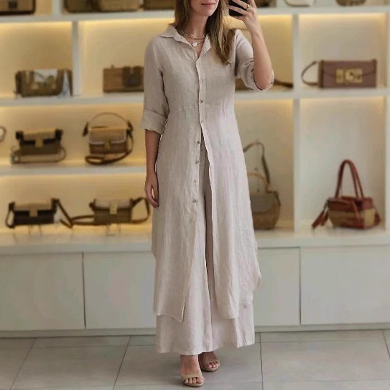 Women's long linen shirt dress with continuous button placket, shirt collar, and subtle A-line cut Mune Fashion