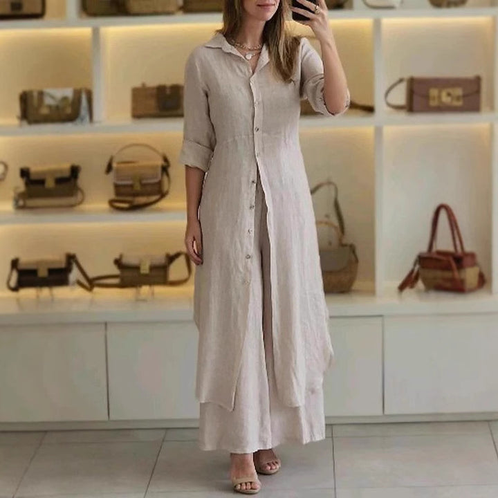 Women's long linen shirt dress with continuous button placket, shirt collar, and subtle A-line cut Mune Fashion
