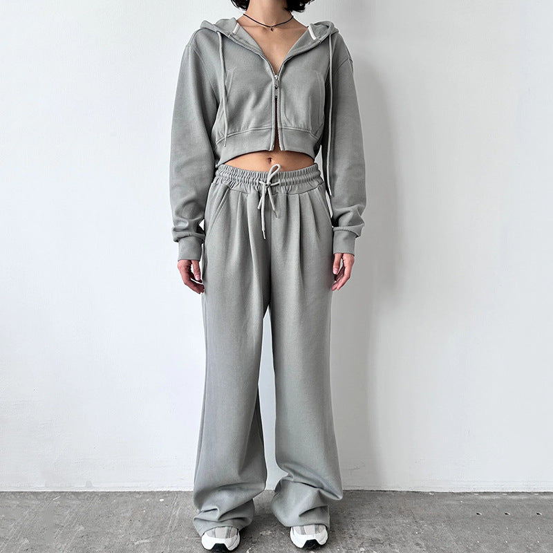 Women's Short Zip Hoodie Set with High-Waisted Wide Lounge Pants Mune Fashion