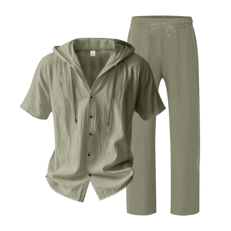 Men's urban leisure set with short-sleeved hoodie shirt, button placket, and straight comfort pants with drawstring Mune Fashion