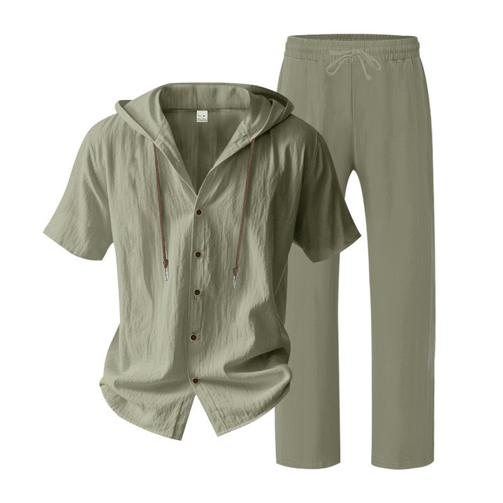 Men's urban leisure set with short-sleeved hoodie shirt, button placket, and straight comfort pants with drawstring Mune Fashion