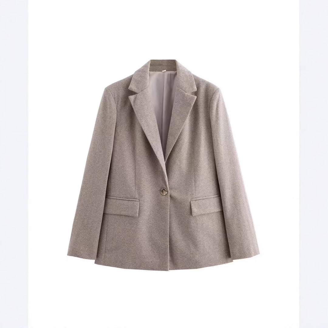 Women's Single-Breasted Blazer with Houndstooth Pattern, Notched Lapel and Flap Pockets Drune