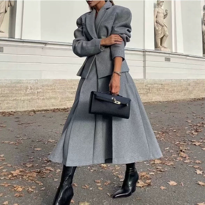 Women's Two-Piece Tailored Wool Suit with Textured Shoulder Blazer and Pleated Midi Skirt Mune Fashion