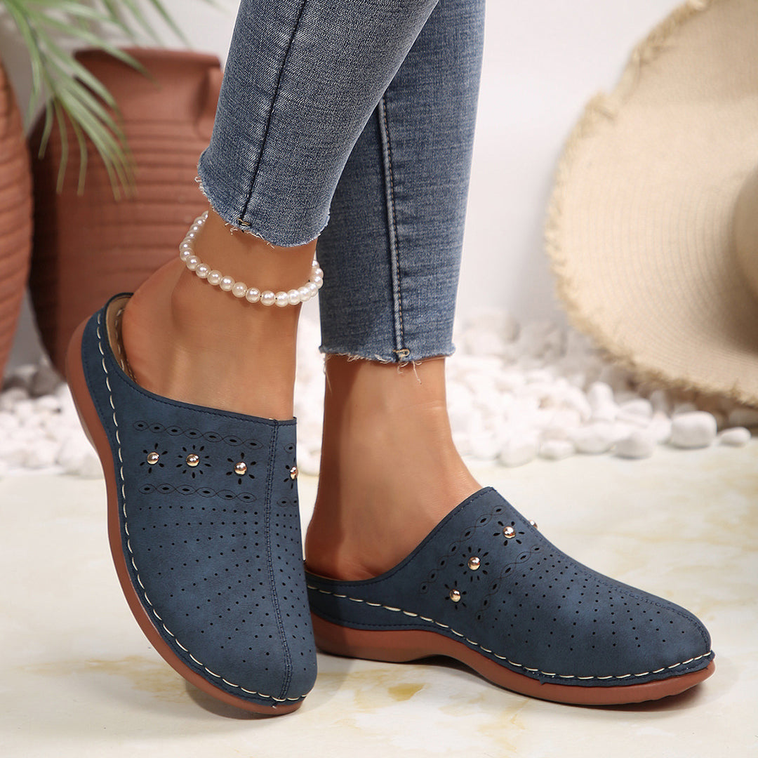 Women's padded mule slippers with fine laser perforation, decorative studs, and ergonomic memory insole Mune Fashion
