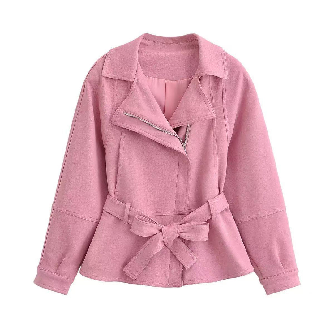 Women's short jacket with belted waist, asymmetrical lapel, and peplum hem Mune Fashion