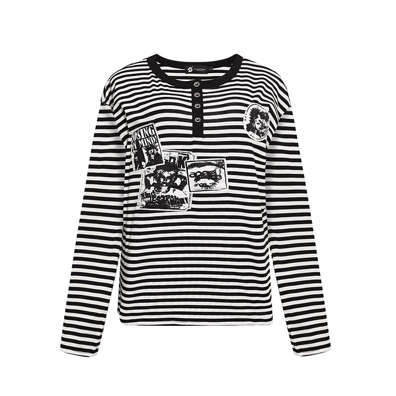 Women's Striped Long Sleeve Henley Shirt with Button Placket and Graphic Patches Mune Fashion