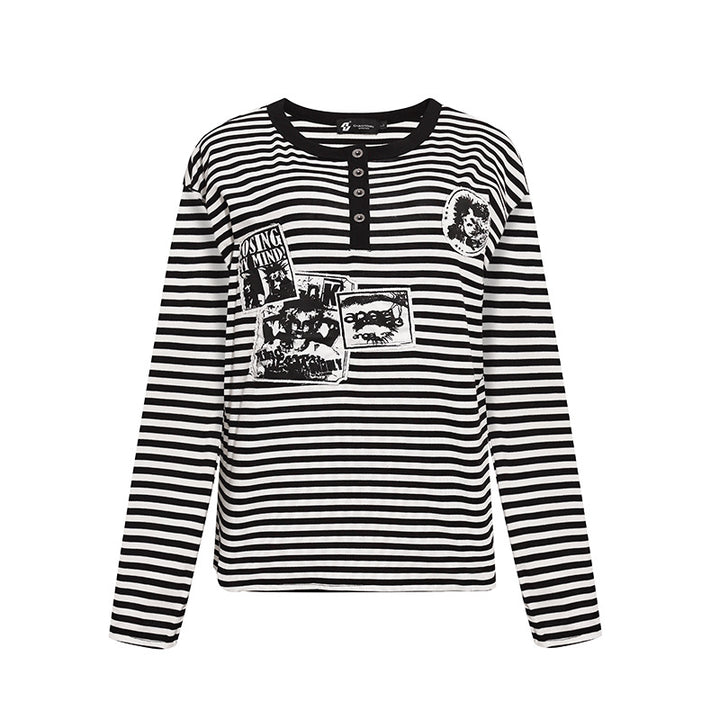 Women's Striped Long Sleeve Henley Shirt with Button Placket and Graphic Patches Mune Fashion