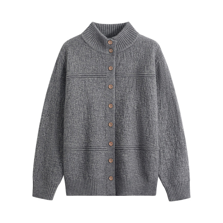 Women Long Oversize Wool Blend Cardigan with High Ribbed Collar and Vintage Buttons Mune Fashion