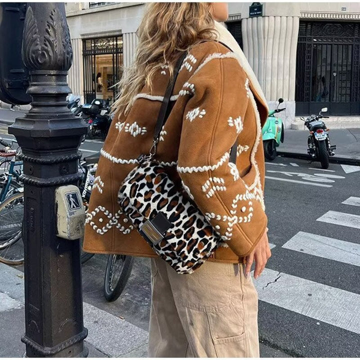 Women's Short Suede Jacket with Teddy Lining and Decorative Embroidery Mune Fashion