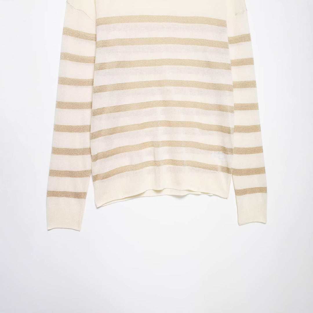 Women’s lightweight striped fine knit sweater with metallic stripes and round neck Mune Fashion