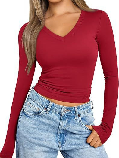Women's Fitted Long Sleeve Cropped Shirt with V-Neck and Elastic Waistband Mune Fashion
