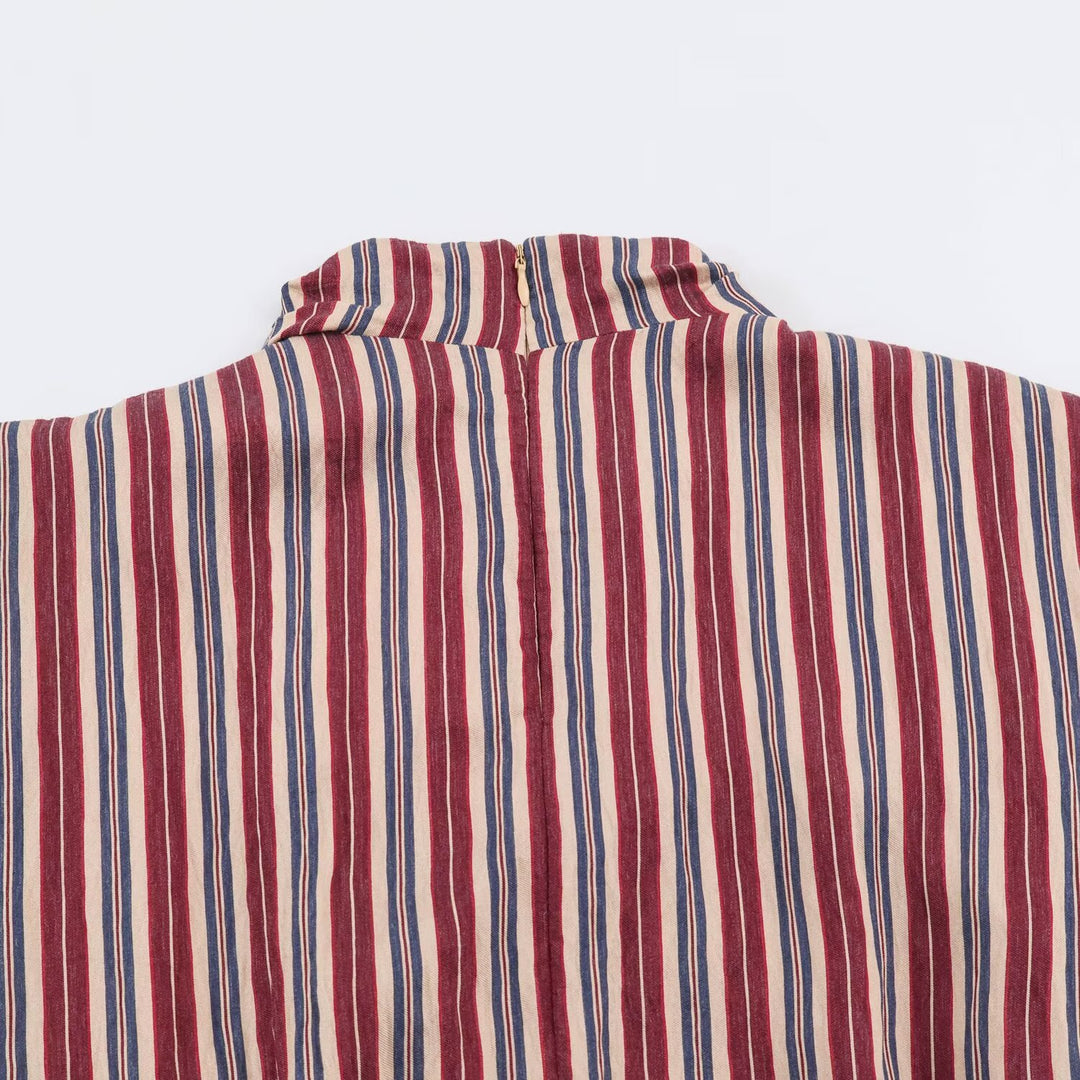 Women's Sleeveless Striped Blouse with Waterfall Collar and Tie Belt Mune Fashion