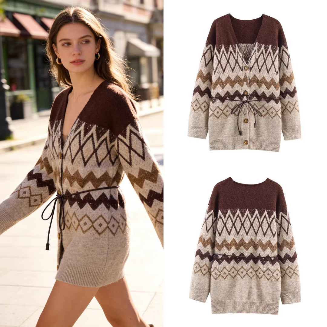 Women's Patterned Knit Cardigan with V-Neck, Button Placket and Waistband Mune Fashion
