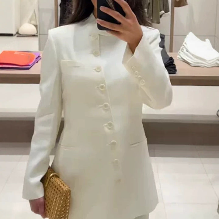 Women Longline Blazer with Stand Collar and Slim Silhouette Mune Fashion
