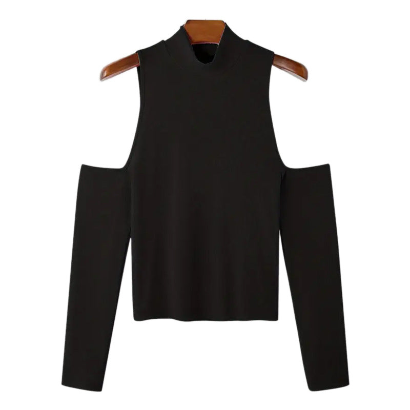 Women's fitted fine knit top with stand-up collar, shoulder cutouts, and long sleeves Mune Fashion