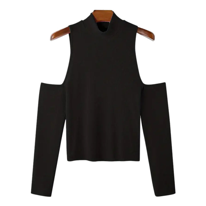 Women's fitted fine knit top with stand-up collar, shoulder cutouts, and long sleeves Mune Fashion