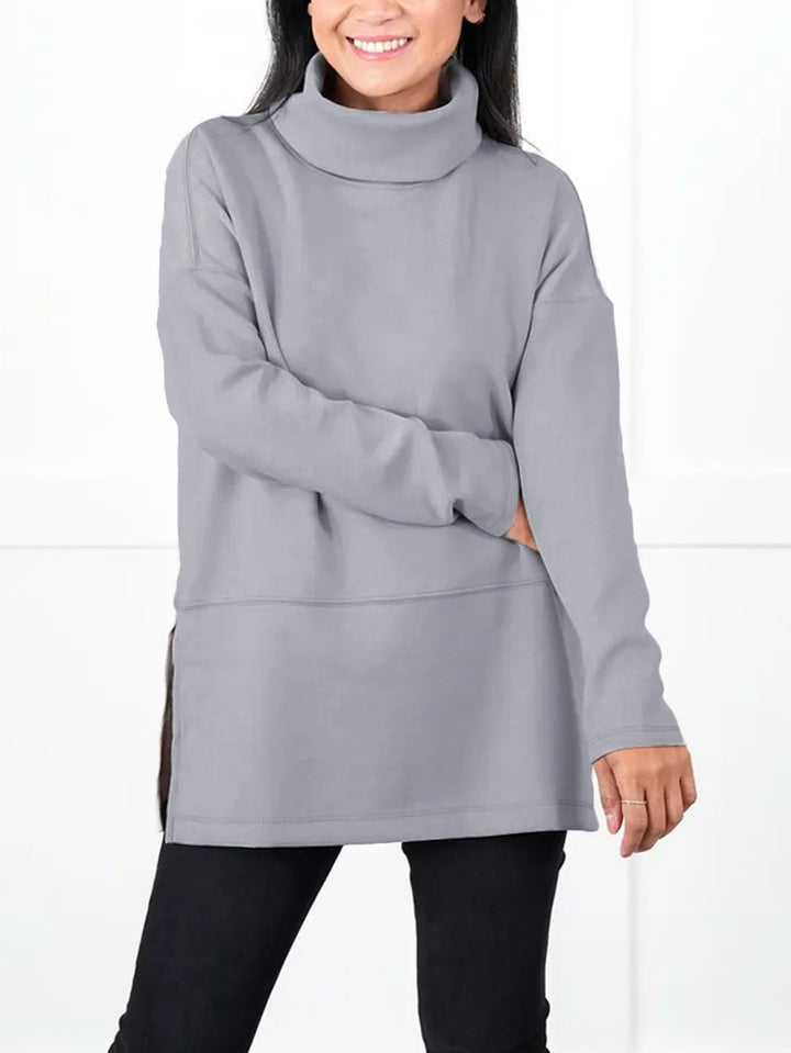 Women's Oversize Sweat Tunic with High Roll Neck, Side Slits and Extended Hem Mune Fashion