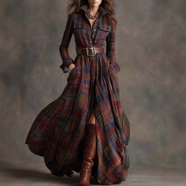 Women checked maxi dress shirt dress with flared skirt and wide waistband Mune Fashion