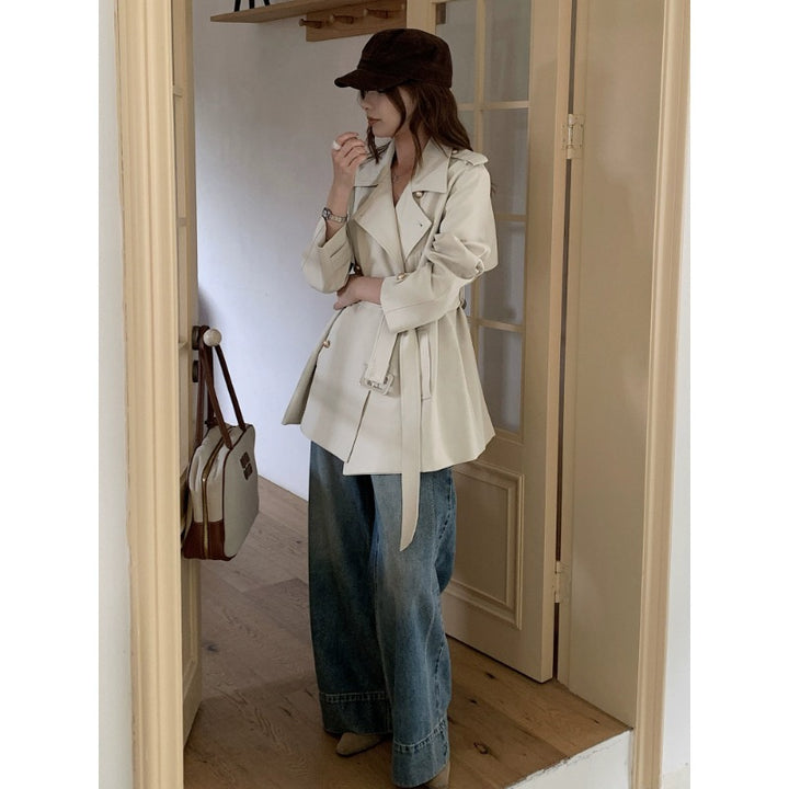 Ladies Short Tie Belt Trench Coat with A-Line Cut and Dropped Shoulders Mune Fashion