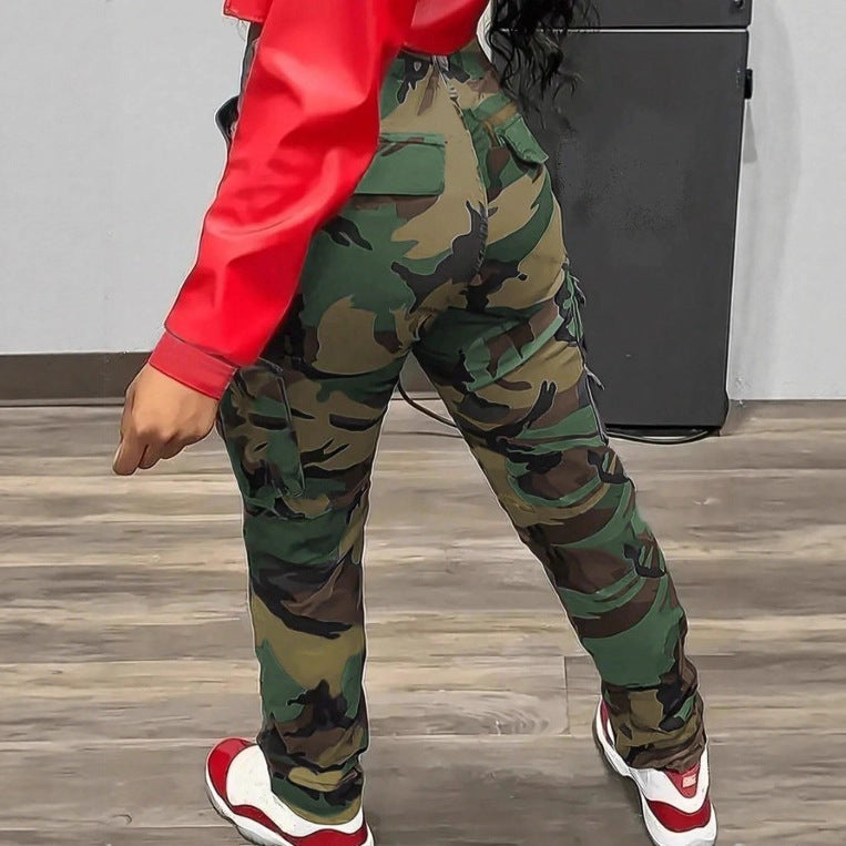 Women's cargo pants in camouflage look with high waist fit and slim leg line Mune Fashion