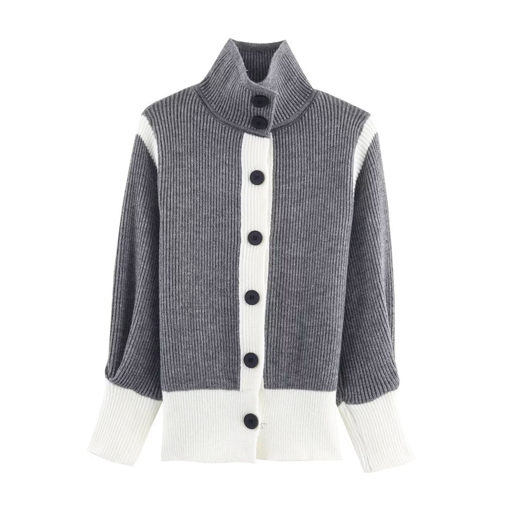 Women's Oversized Ribbed Cardigan with High Collar, Contrast Trim and Button Placket