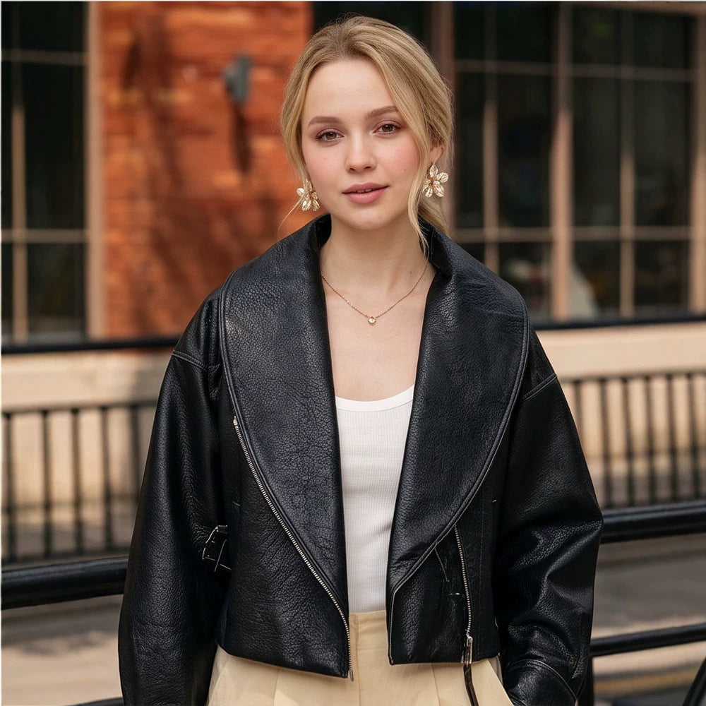 Women's Cropped Biker Jacket made of Faux Leather with Wide Shawl Collar and Asymmetrical Zipper Mune Fashion