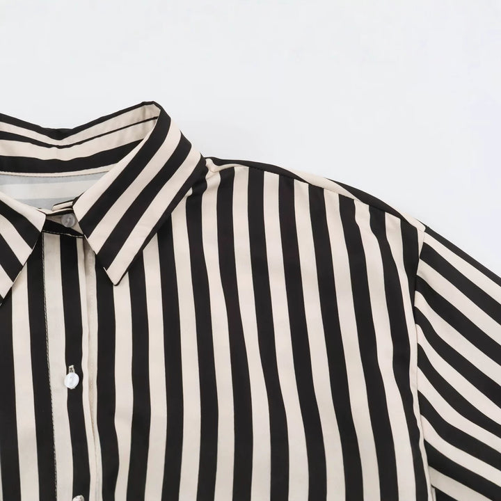 Women's striped satin blouse with waist scarf and oversized cuffs Drune