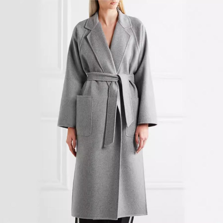 Women's Floor-Length Open Wool Blend Coat with Relaxed Lapels and Flowing Draping Mune Fashion