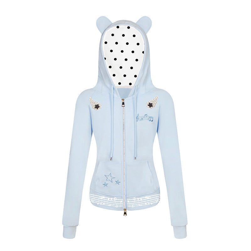 Women's hooded sweat jacket with bear ears, zipper, musical print and polka lining Mune Fashion