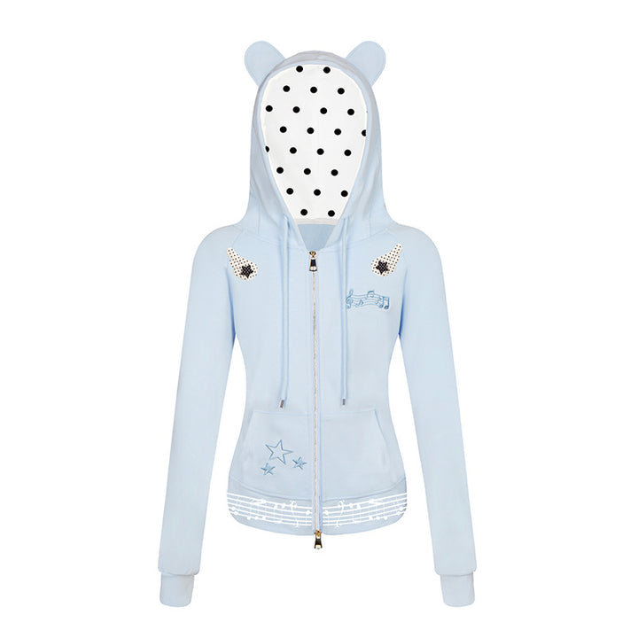 Women's hooded sweat jacket with bear ears, zipper, musical print and polka lining Mune Fashion