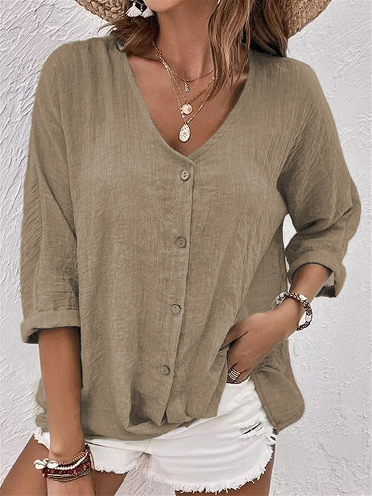 Women Loose V-Neck Blouse in Linen Look with Button Placket and Roll-Up Three-Quarter Sleeves Mune Fashion