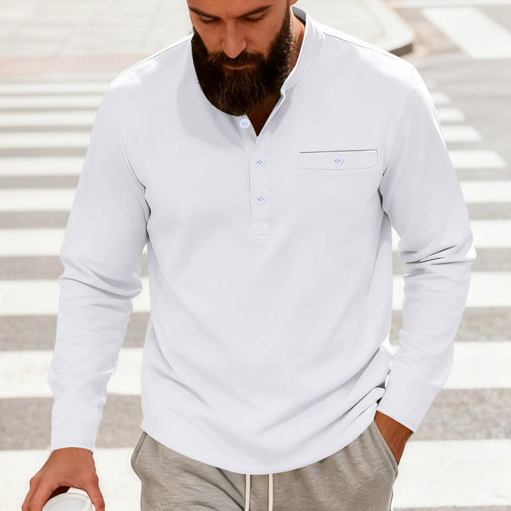 Men's Casual Henley Long Sleeve Shirt with Stand-Up Collar, Chest Pocket, and Curved Hem Mune Fashion
