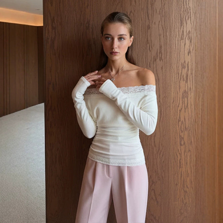 Women Slim-Fit Off-Shoulder Fine Knit Top with Lace Edge Mune Fashion