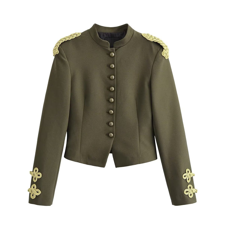 Women's fitted military short jacket with stand-up collar, epaulettes, and adorned decorative knots Drune